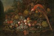 Still life with fruits and a parrot